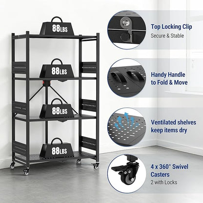WORKPRO 4-Tier Folding Shelf, No-Assembly Metal Storage Rack with Wheels, 600 lbs Capacity (with Leveling Feet), Collapsible Shelving Unit for Kitchen, Pantry, Bathroom & Closet Organization