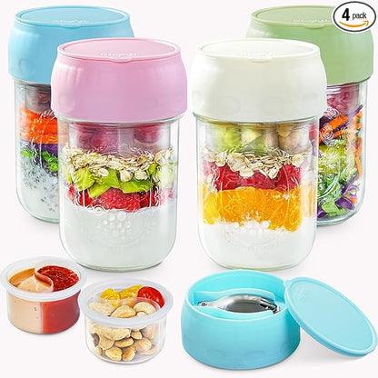 Miuyhji 4 Pack Overnight Oats Containers with Lids, Chia Seed Pudding Jars with Folding Spoons & Divided Compartments for Fruit & Nuts, 16oz Glass Mason Jars for Oatmeal Yogurt Meal Prep Parfait