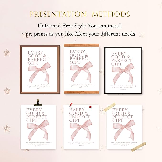 LARTSFRO Coquette Pink Bow Wall Art Decor Posters, Blush Pink Bow Room Bedroom Bathroom Dorm Wall Art Decor Aesthetic for College Teen Girls Gifts, Inspirational Bible Verses Bow Wall Decor, 10x8 Inch Set of 4 Pcs Bow Pictures (UNFRAMED)