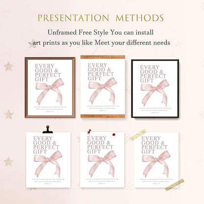LARTSFRO Coquette Pink Bow Wall Art Decor Posters, Blush Pink Bow Room Bedroom Bathroom Dorm Wall Art Decor Aesthetic for College Teen Girls Gifts, Inspirational Bible Verses Bow Wall Decor, 10x8 Inch Set of 4 Pcs Bow Pictures (UNFRAMED)