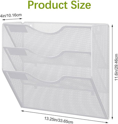 EasyPAG 3 Pocket Mesh Wall File Organizer, Hanging Paper Folder Holder with Classify Label, Vertical Wall Mount Mail Organizer for Office Home Classroom, White