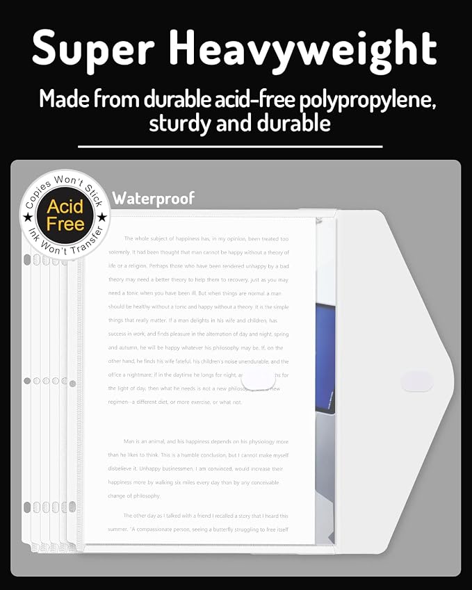 Forvencer Binder Pocket, 5 Pack Super Heavyweight Poly Binder Pocket with Tight Closure, File Folders Side Loading, 3 Ring Binder Organizer, Letter Size, Clear