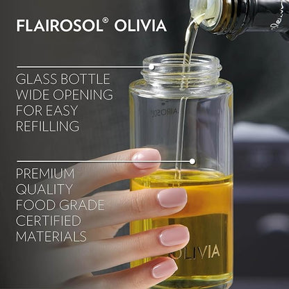 OLIVIA SIGNATURE Advanced Kitchen Oil Sprayer with Flairosol Technology, Fine Mist & Portion Control, Refillable Glass Olive Oil Cooking Spray Bottle for Air Fryer, Salad, BBQ, 130ml (Gold Print)