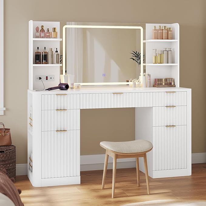 51.2" Fluted Makeup Vanity Desk with Large 30.3" Mirror and Lights, 5 Drawer Vanity with Power Strip, 6 Open Shelves, 2 Cabinet，Modern Dressing Table with Solid Wood Legs for Bedroom, White