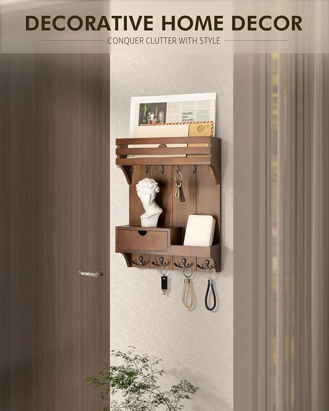 Rebee Vision Farmhouse Key Holder Wall Mount – Decorative Mail Organizer with 9 Key Hooks and Mini Drawer Organizer – Rustic Home Decor for Apartment Essentials (Brown)