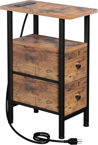 Narrow End Table Living Room with Charging Station, Skinny Side Table with Fabric Drawers, Slim Nightstand for Bedroom, Small Spaces, Couch, Rustic Brown, HETNDP02PBR-1