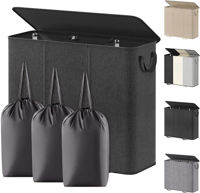 Lifewit Triple Laundry Hamper with Lid and Removable Laundry Bags, Large Collapsible 3 Dividers Dirty Clothes Basket with Handles for Bedroom, Laundry Room, Closet, Bathroom, College, 185L Black