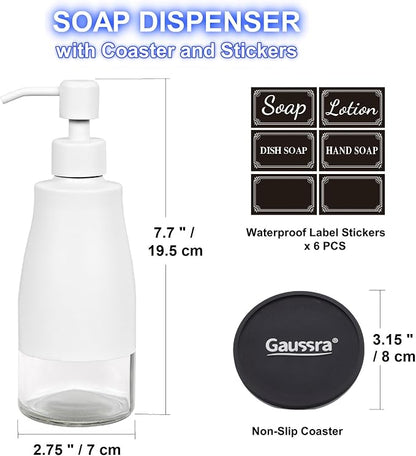 Gaussra White Soap Dispenser with Coaster and Stickers, Stainless Steel and Glass Bottle Hand Pump Dispenser, Refillable Liquid Hand Soap Dispenser for Bathroom & Kitchen (11OZ / 320ML)