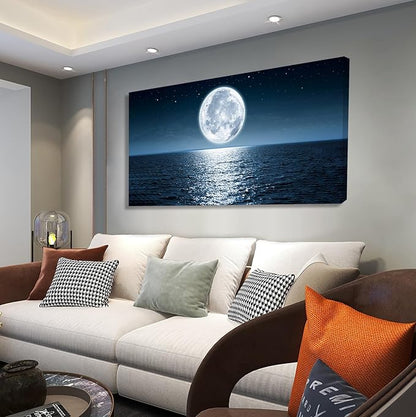 Aibonnly Wall Art Canvas Print Moon Sea Ocean Landscape 1 Panels Full moon Picture Painting Framed and Stretched Ready to Hang for Living Room Bedroom Office Home Decor Artwork 24x48inch