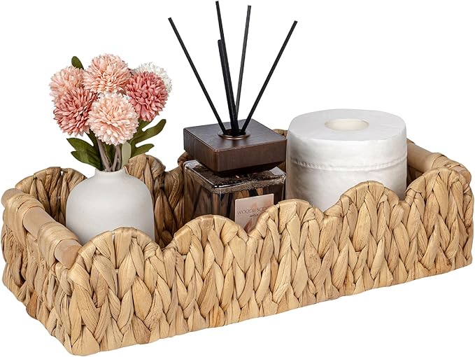 Scalloped Decorative Toilet Paper Storage Basket, Wicker Rattan Farmhouse Rustic Home Decor Basket for Shelves Pantry Organizing, Bedroom, Living Room, Hyacinth Bin w/Wood Handles, Natural
