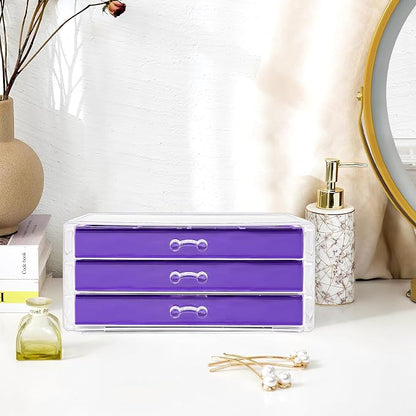 ProCase Earring Holder Organizer Jewelry Box with 3 Drawers, Acrylic Clear Earring Case with Adjustable Velvet Trays for Women - Purple, 3 Layers