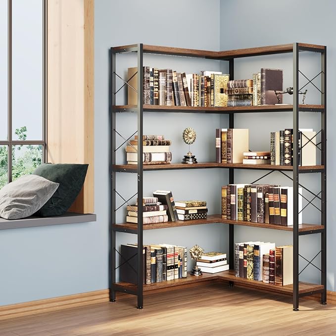 Jartoil Corner Bookshelves and Bookcases Industrial Corner Etagere Bookcase L Shaped Shelf 5-Tiers with Metal Frame for Living Room Home Office