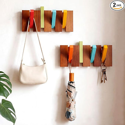 Youyole 2 Pcs 2 x 4 Hook Mid Century Modern Wooden Coat Hooks Wall Mounted Folding Coat Rack Hanger with 8 Hooks Heavy Duty Flip Down Piano Hat Rack for Hanging Coats Hats Home