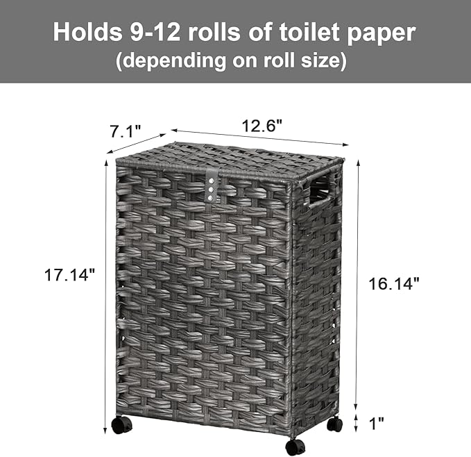 Toilet Paper Storage Basket with Lid and Wheels, Rattan Toilet Paper Holder Storage, Toilet Paper Organizer for Bathroom, Bedroom, Kitchen, 12.6”L x 7.1”W x 17.14”H, Grey