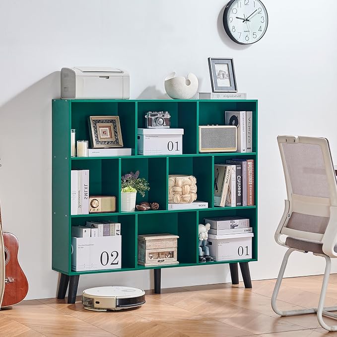LEYAOYAO 10 Cube Bookshelf,3 Tier Modern Wide Bookcase with Legs,Mid-Century Wood Bookshelves Storage，Dark Green Large Book Case,Freestanding Organizer Display Shelf for Bedroom,Living Room,Office