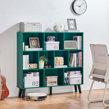 LEYAOYAO 10 Cube Bookshelf,3 Tier Modern Wide Bookcase with Legs,Mid-Century Wood Bookshelves Storage，Dark Green Large Book Case,Freestanding Organizer Display Shelf for Bedroom,Living Room,Office