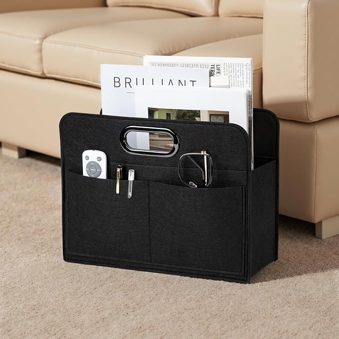 Magzine Holder,Felt foldable Magazine Basket for Storage Organizer, Magazine Newspaper File Laptop Folder with 4 Pockets for dorm, Living Room, Office Storage Holder Bag, Black