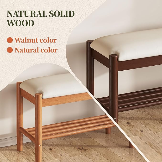 Solid Wood Shoe Bench with Cushion, 2-Tier Shoe Rack for Front Door Entrance, Enterway Benches with Shoe Storage (Natural, 39.4in)