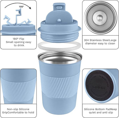 YINBAOGE Insulated Travel Coffee Mug, Spill & Leak Proof, Portable To Go Camping Stainless Steel Coffee Tumbler, Reusable Thermal Coffee Cup with Lid for Hot & Cold Drinks (Light blue, 12 OZ)