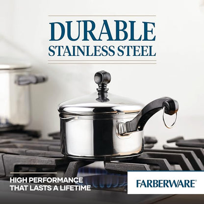 Farberware Classic Series Stainless Steel Straining Sauce Pan with Lid, 1-Quart Small Pot, Silver