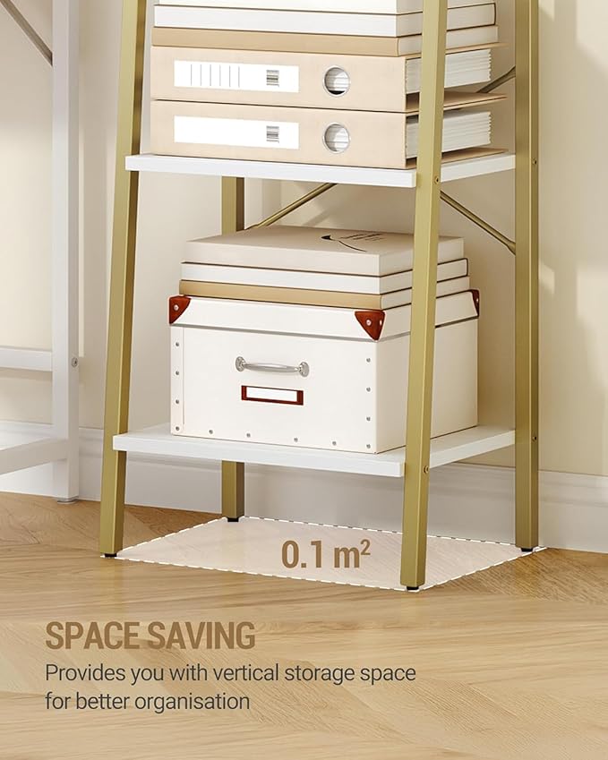 Ladder Shelf, Bookshelf Bookcase, Freestanding Corner Storage Shelve with 2 Hooks for Home Office, Living Room, Kitchen, Bedroom, Industrial, 11.8" D x 17.3" W x 63" H, White Gold BC19213G