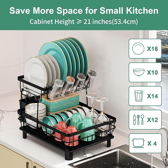 MOUKABAL Dish Drying Rack, Dish Rack, Stainless Steel Dish Racks for Kitchen Counter, Dish Drainer with Removable Utensil Holder, Drainboard (Black,2 Tier,13''W x 17''L)