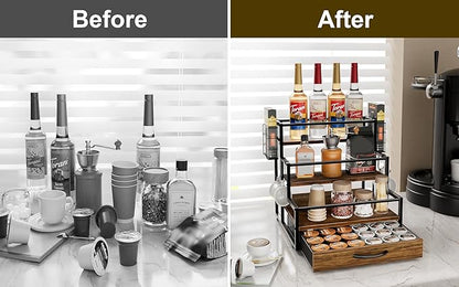 Countertop Coffee Syrup Rack Organizer, 4-Tier Wooden Holder Stand with 36 K Cup Storage Drawer for Coffee Bar Accessories,Condiment Storage Shelves for Kitchen,Home,Office,Restaurant