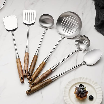 6 Pcs Cooking Utensils Set 304 Stainlss Steel Kitchen Utensils Set Heat Resistant Wooden Handle Kitchen Tools Metal Kitchen Utensil Soup Ladle Set, Dishwasher Safe