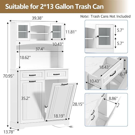 Double 13 Gallon Tilt Out Trash Can Cabinet with Deodorizing Function and Power Outlet, 71" Tall Wooden Garbage Can Holder Cabinet with 2 Storage Hutch & 2 Drawers for Kitchen and Dining Room, White
