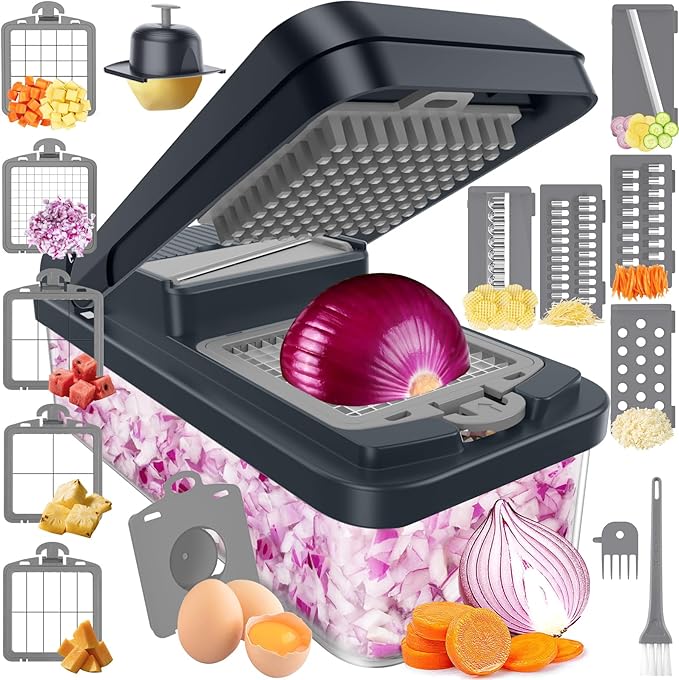 SpaceHacks 15-in-1 Vegetable Chopper, Kitchen Gadgets with 10 Blades, Veggie, Food, Onion Chopper, Cucumber Slicer, Versatile Mandoline, Includes Egg Separator & Finger Guard, Gray