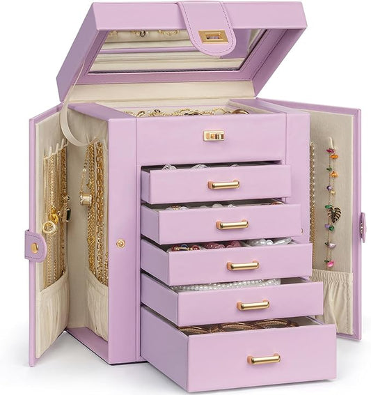 AKOZLIN 6-Tier Jewelry Box Organizer Functional 5 Drawers Leather Jewelry Storage Case for Women Girls Ring Necklace Earring Bracelet Holder Organizer with Mirror Light Purple Regular
