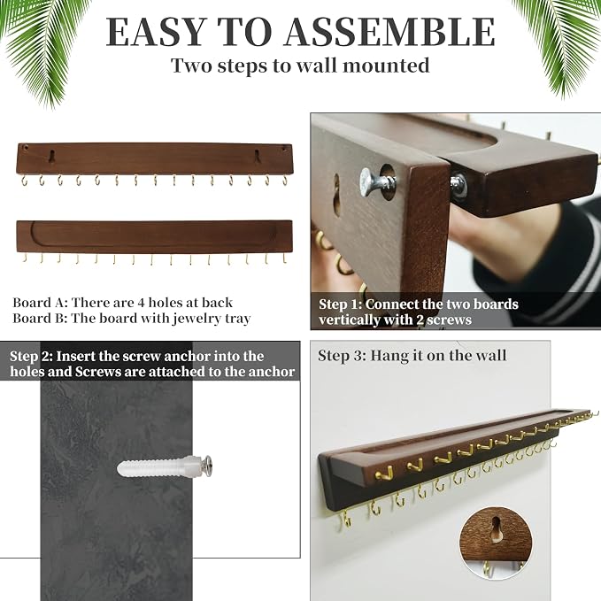YYILIS Necklace Holder, Upgraded Extra Large Wall Necklace Organizer with 30 Hooks Wall Mounted Necklace Hanger with Jewelry Tray/Cosmetics Shelf Rustic Pine Wood Holder (Walnut)