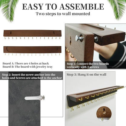 YYILIS Necklace Holder, Upgraded Extra Large Wall Necklace Organizer with 30 Hooks Wall Mounted Necklace Hanger with Jewelry Tray/Cosmetics Shelf Rustic Pine Wood Holder (Walnut)