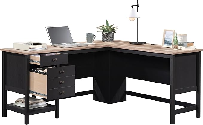 Sauder Cottage Road L Shaped Desk Computer Desk with Drawers, Home Office Desk with Optional File Cabinet Storage, Cable Management, in Raven Oak Finish
