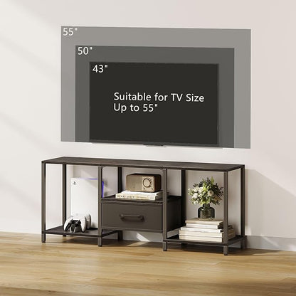 JARHETUN TV Stand with Fabric Drawer for 55 Inch TV, Entertainment Center with Open Shelves, Media TV Console Table for Living Room, Bedroom, Black