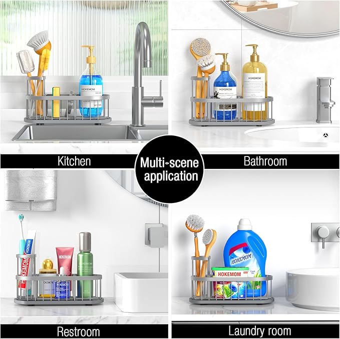 HOKEMOM Silver Sponge Holder for Kitchen Sink,Sink caddy organizer - 2.6mm Thick 304 Stainless Steel Caddy with Rust-Proof Coating, Non-Slip No-Drain Base. Dimensions: 9.84" x 4.72" x 5.83"
