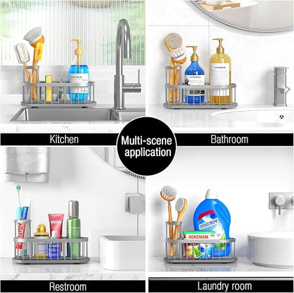 HOKEMOM Silver Sponge Holder for Kitchen Sink,Sink caddy organizer - 2.6mm Thick 304 Stainless Steel Caddy with Rust-Proof Coating, Non-Slip No-Drain Base. Dimensions: 9.84" x 4.72" x 5.83"