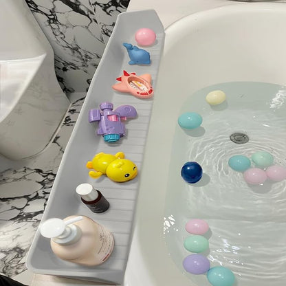 31.5" Bathtub Splash Guard for Kids & Toddlers- Silicone Play Shelf & Toy Storage Tray with Strong Suction Cups to Prevent Water Spills, No-Leak Fun Bath Time - Tub Toy Holder Ledge,Grey