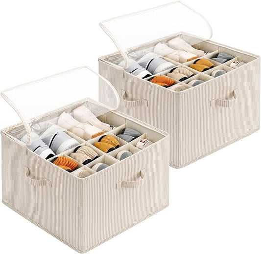 StorageWorks 2 Pack Shoe Organizer for Closet, Foldable Shoe Storage Box with Adjustable Dividers, Fabric Shoe Organizer for Entryway, Fits up to 16-32 Pairs, Khaki and Beige Stripes