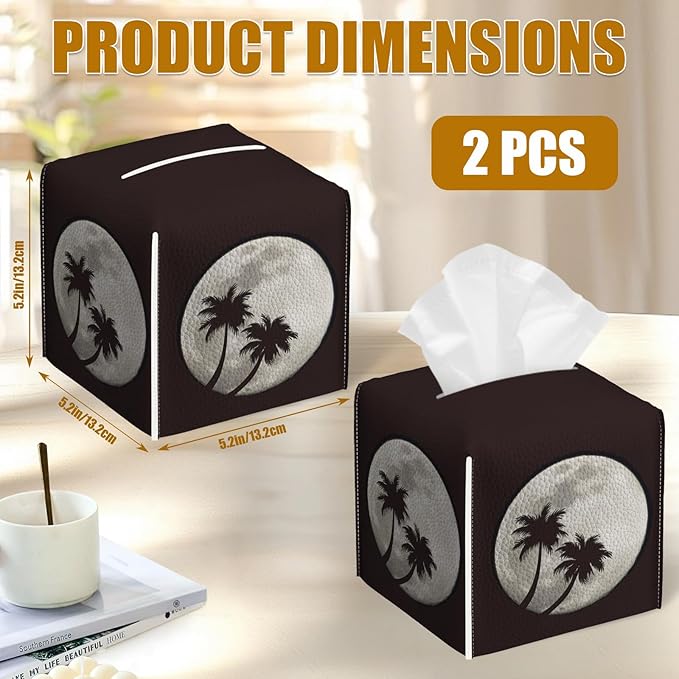 Full Moon Tissue Box Cover 2PCS, Palm Tree Leather Tissue Box Holder Square Facial Paper Case Tissue Box Cube Organizer for Bathroom Bedroom Desk Office