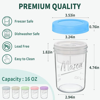 Xyptorix 16 oz Overnight Oats Containers with Lids, 6-Pack Leak-Proof Wide Mouth Mason Jars & Separate Compartments for Fruits/Nuts, Airtight Glass Jars for Chia Pudding, Yogurt, Parfait and Salad
