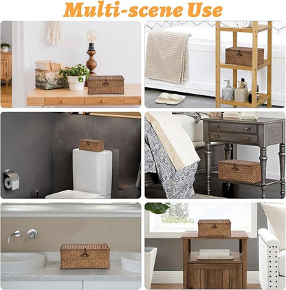 Sumnacon Small Wicker Basket with Lid Rectangle Woven Baskets for Toiletries Tampon Storage,Wicker Storage Basket with Lid,Decorative Seagrass Storage Baskets for Shelf Bathroom Toilet Table,Coffee