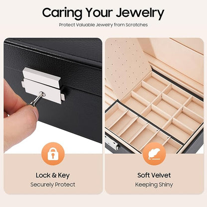 Jewelry Box Organizer, 2 Layer Classical Organizer, Jewelry Display Box for Necklaces Earrings Bracelets Rings Watches - Black