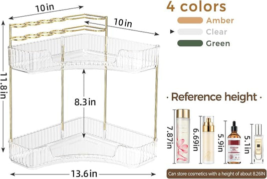 BEFSOP Corner Bathroom Counter Organizer, Upgraded 2-Tier Makeup Organizer Countertop with Makeup Brush Holder, Skincare Exquisite Vanity Organizers Countertop Bathroom Storage Dresser(CLEAR)