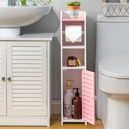 AOJEZOR Toilet Paper Holder Stand: Small Bathroom Storage Cabinet - Rose Dawn - White