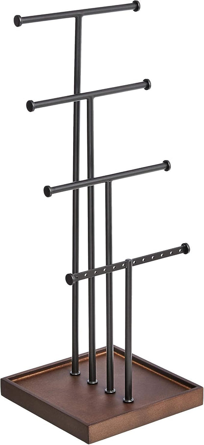 Amazon Basics Four-Tier Jewelry Organizer Tree Stand, Necklace Earring Bracelet Holder with Ring Storage, Walnut/Black