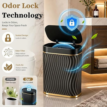steo spce Automatic Motion Sensor Bathroom Small Trash Can with Lid, 2.6 Gallon Black Touchless Slim Garbage Can, Smart Waterproof Trash Bin for Bedroom, Restroom, Living Room, Office