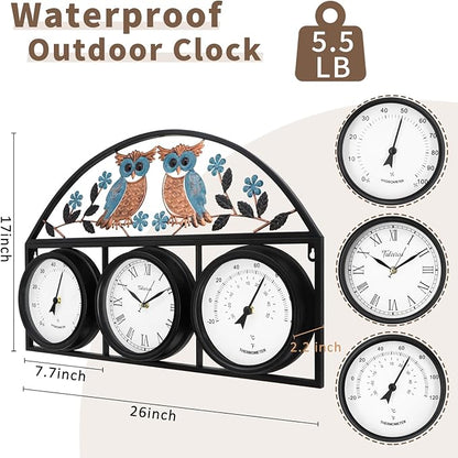 26Inch Large Outdoor Clock,Waterproof Wall Clock with Thermometer and Hygrometer Combo,Weatherproof Non-Ticking Battery Operated Decor Clock for Patio,Garden,Pool,Porch,House Warming Gifts