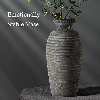 Emotionally Grounded Vase, Vaseking Large Ceramic Rustic Vase, 14.4 inch Minimalist Threaded Decorative Farmhouse Tall Vases for Home Decor, Living Room, Enterway, Table Decoration, Bronze