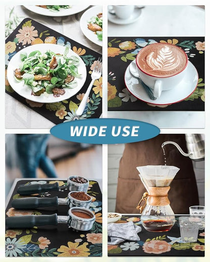 AMOAMI Coffee Mat Hide Stain Rubber Backed Absorbent Dish Drying Mat for Kitchen Counter - Bar Accessories Fit Under Coffee Maker, Espresso Machine, Dish Rack - Floral Black 16x24